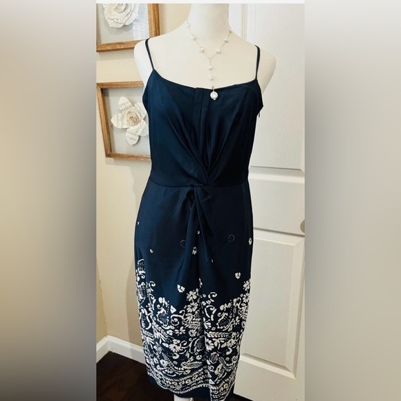 Donna Karan Border Print Satin Slip Dress Navy White Floral Border Dress SZ 6 - Picture 1 of 16